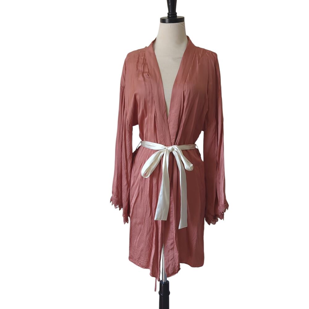 Anthropologie BHLDN Womens Small S/M Robe Viscose‎ Silky Pink Rose Bathrobe Sexy
